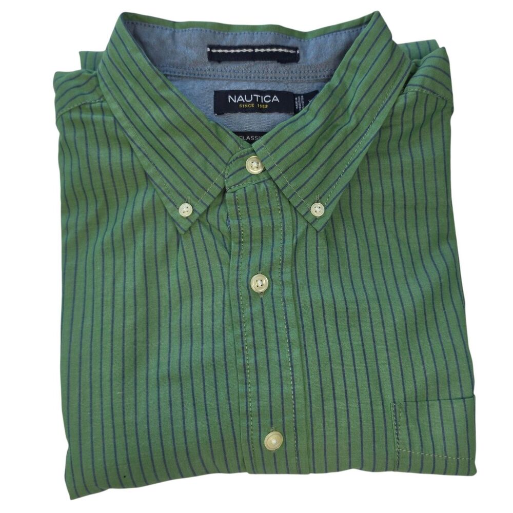 Nautica Men's Long Sleeve Button Down Classic Shirt Size XL Kelly Green Striped